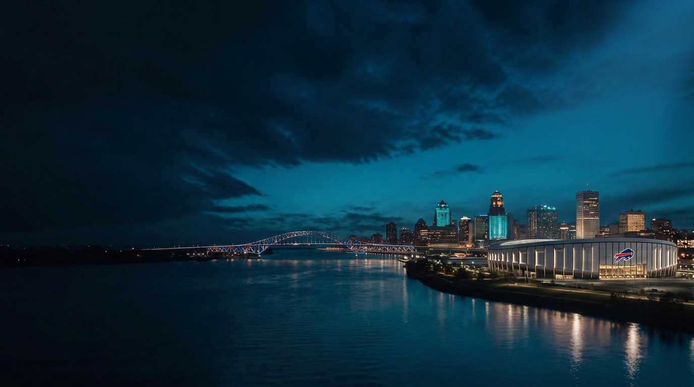 Buffalo at night with the illuminated Peace Bridge, downtown skyline, and new football stadium